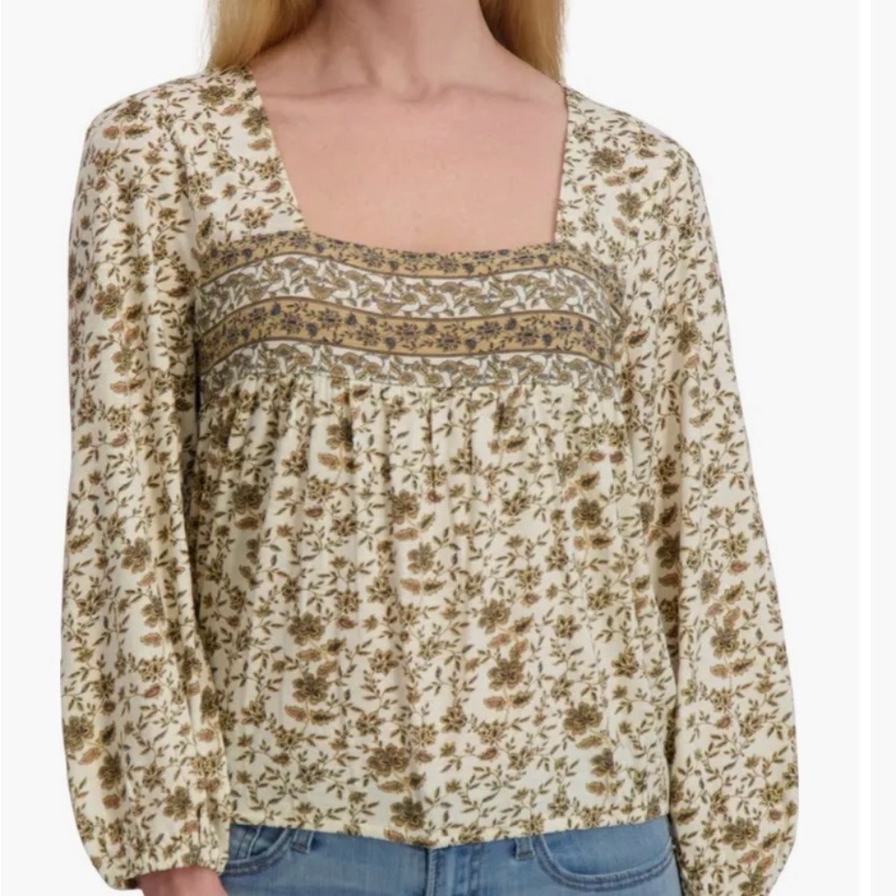 Lucky Brand Cream Floral Bubble Hem Square-Neck Blouse